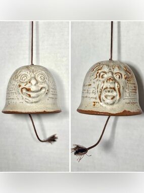 Moon-Faced Cream Glazed Ceramic Bell Wind Chime Artisanal Two-Faced Collectible